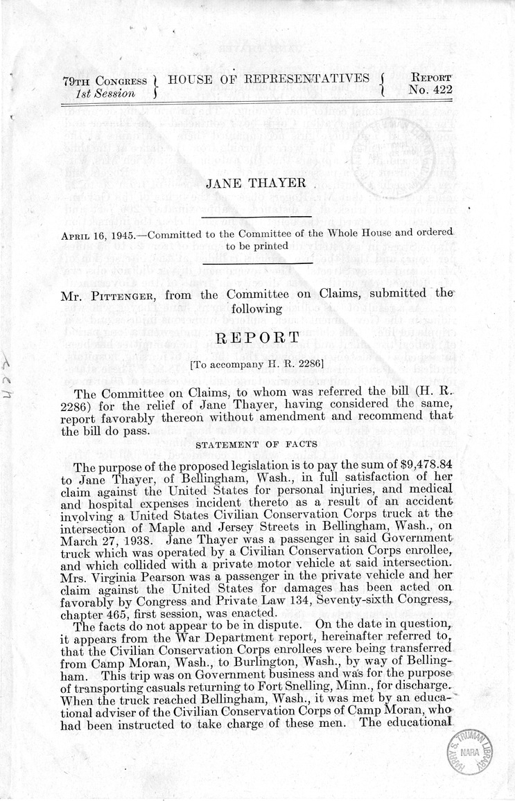 Memorandum from Frederick J. Bailey to M. C. Latta, H.R. 2286, For the Relief of Jane Thayer, with Attachments