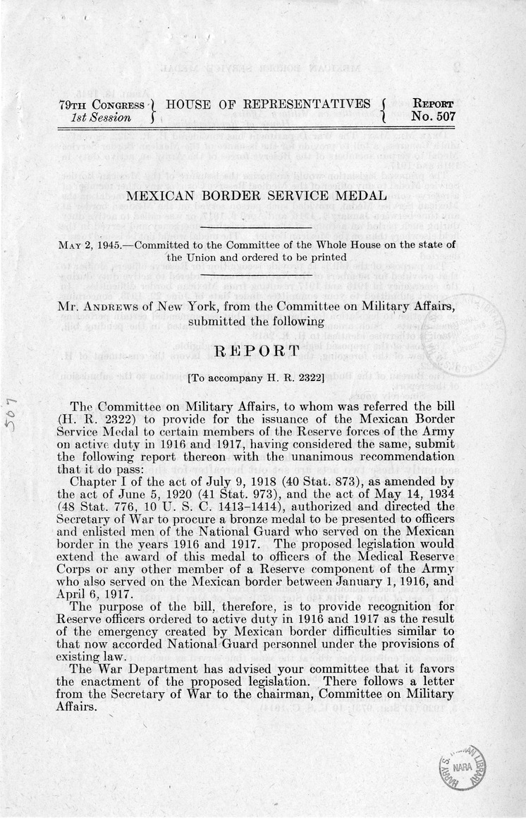 Memorandum from Frederick J. Bailey to M. C. Latta, H.R. 2322, to Provide for the Issuance of the Mexican Border Service Medal to Certain Members of the Reserve Forces of the Army, with Attachments