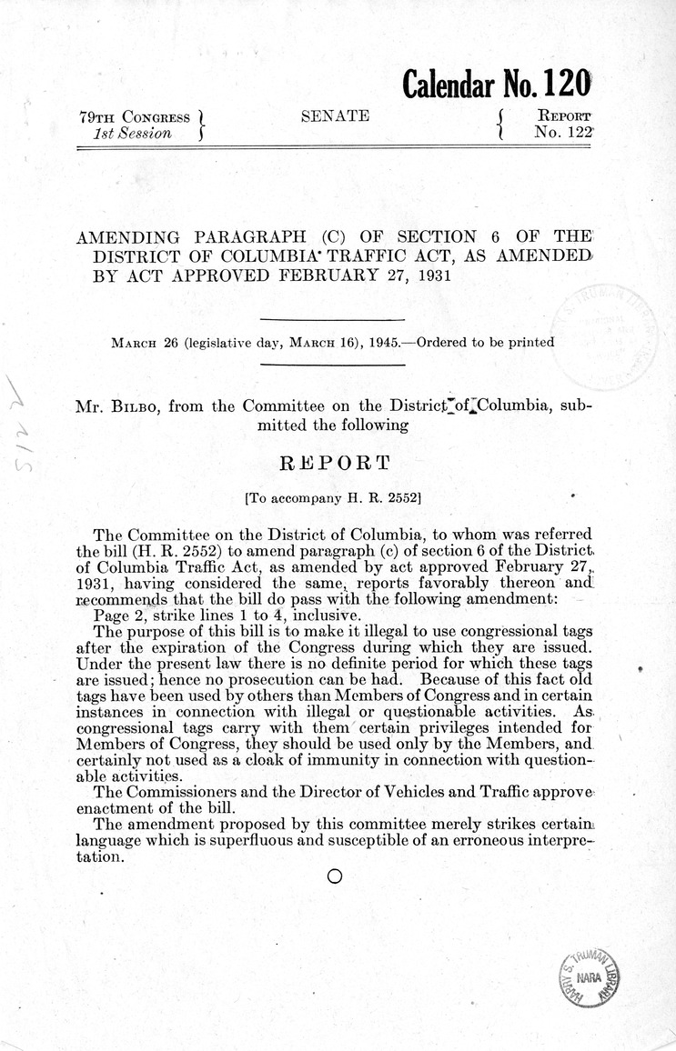 Memorandum from Harold D. Smith to M. C. Latta, H.R. 2552, To Amend Paragraph (C) of Section 6 of the District of Columbia Traffic Act, as Amended by Act Approved February 27, 1931, with Attachments