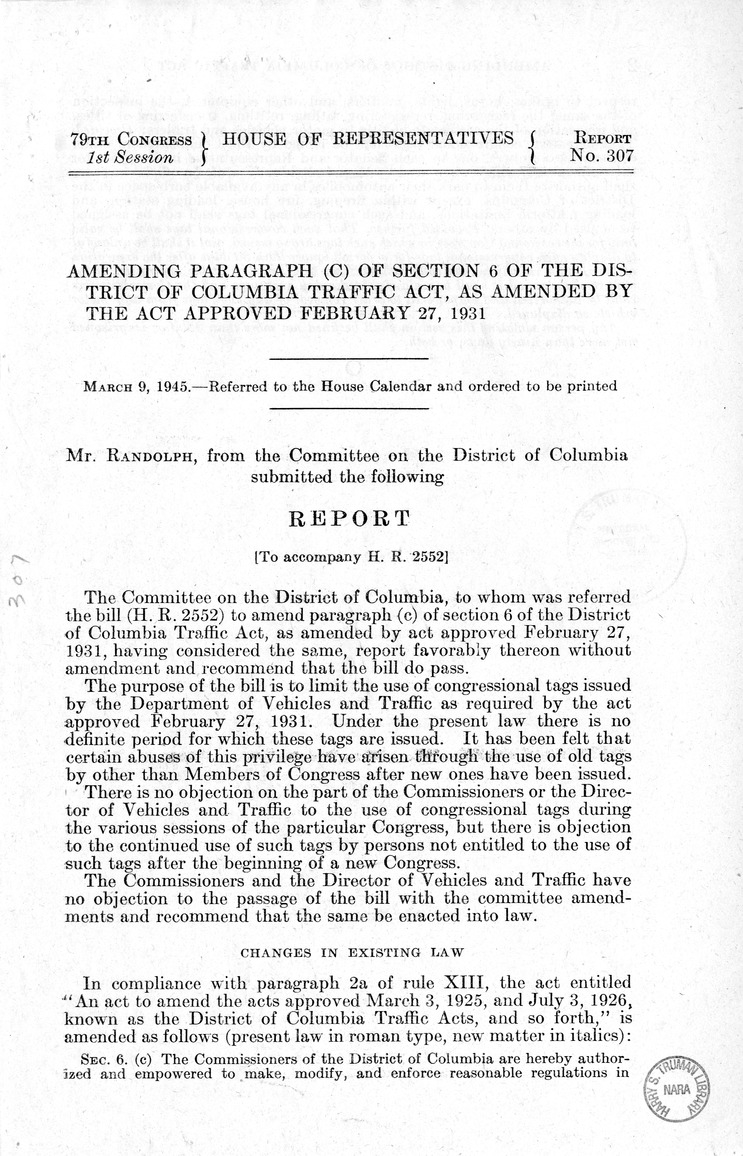 Memorandum from Harold D. Smith to M. C. Latta, H.R. 2552, To Amend Paragraph (C) of Section 6 of the District of Columbia Traffic Act, as Amended by Act Approved February 27, 1931, with Attachments