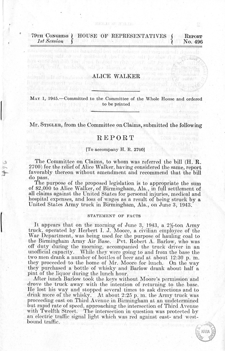 Memorandum from Frederick J. Bailey to M. C. Latta, H.R. 2700, For the Relief of Alice Walker, with Attachments