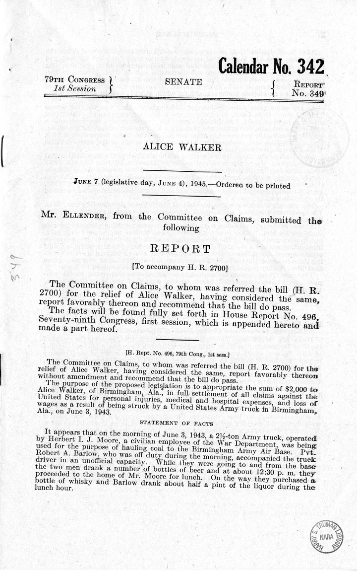Memorandum from Frederick J. Bailey to M. C. Latta, H.R. 2700, For the Relief of Alice Walker, with Attachments
