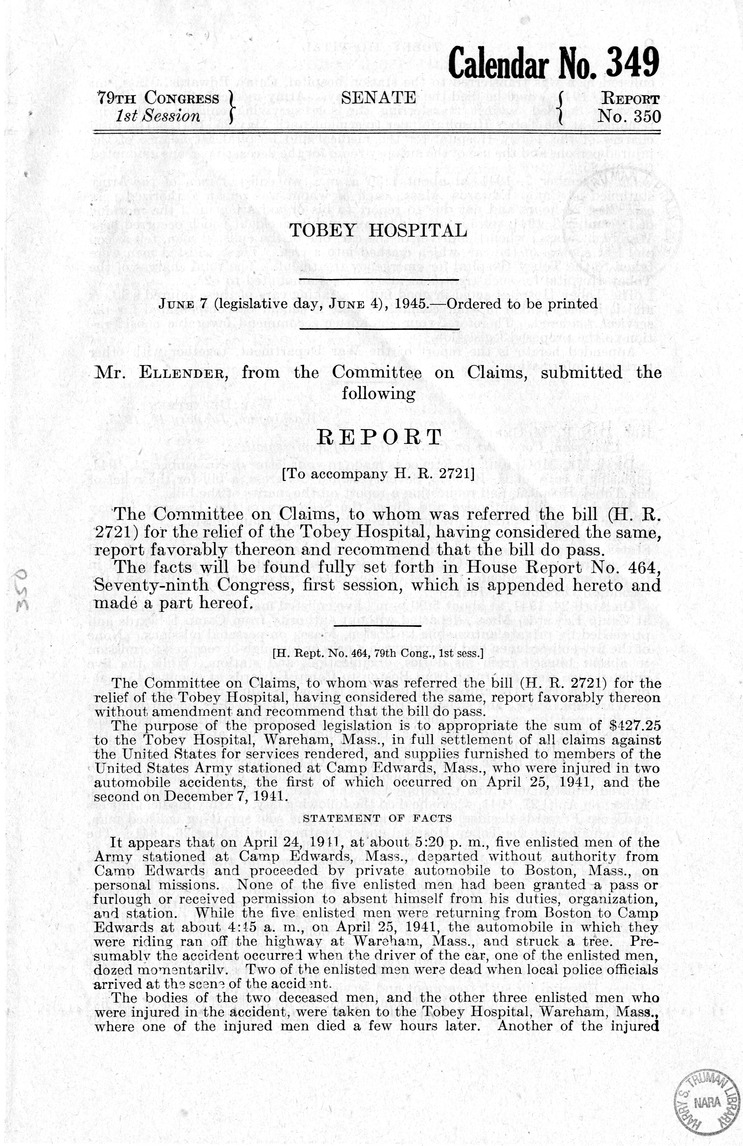 Memorandum from Frederick J. Bailey to M. C. Latta, H.R. 2721, For the Relief of the Tobey Hospital, with Attachments