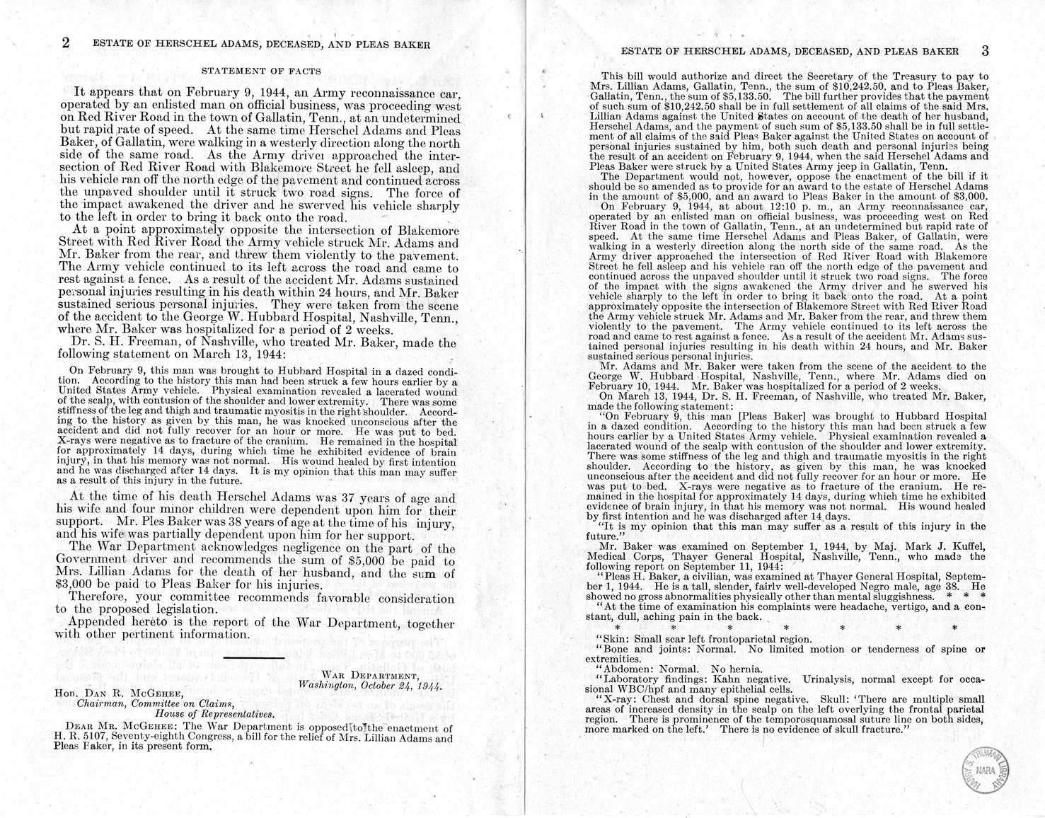 Memorandum from Frederick J. Bailey to M. C. Latta, H.R. 2727, For the Relief of the Estate of Herschel Adams, Deceased, and Pleas Baker, with Attachments