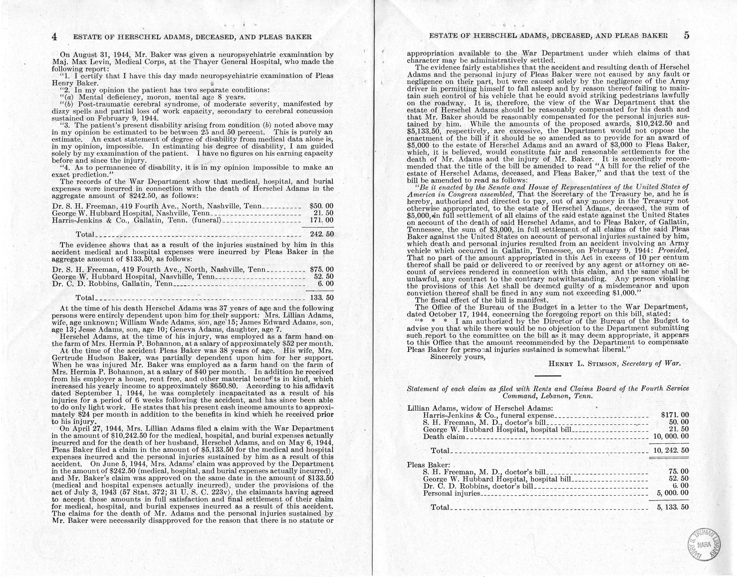 Memorandum from Frederick J. Bailey to M. C. Latta, H.R. 2727, For the Relief of the Estate of Herschel Adams, Deceased, and Pleas Baker, with Attachments