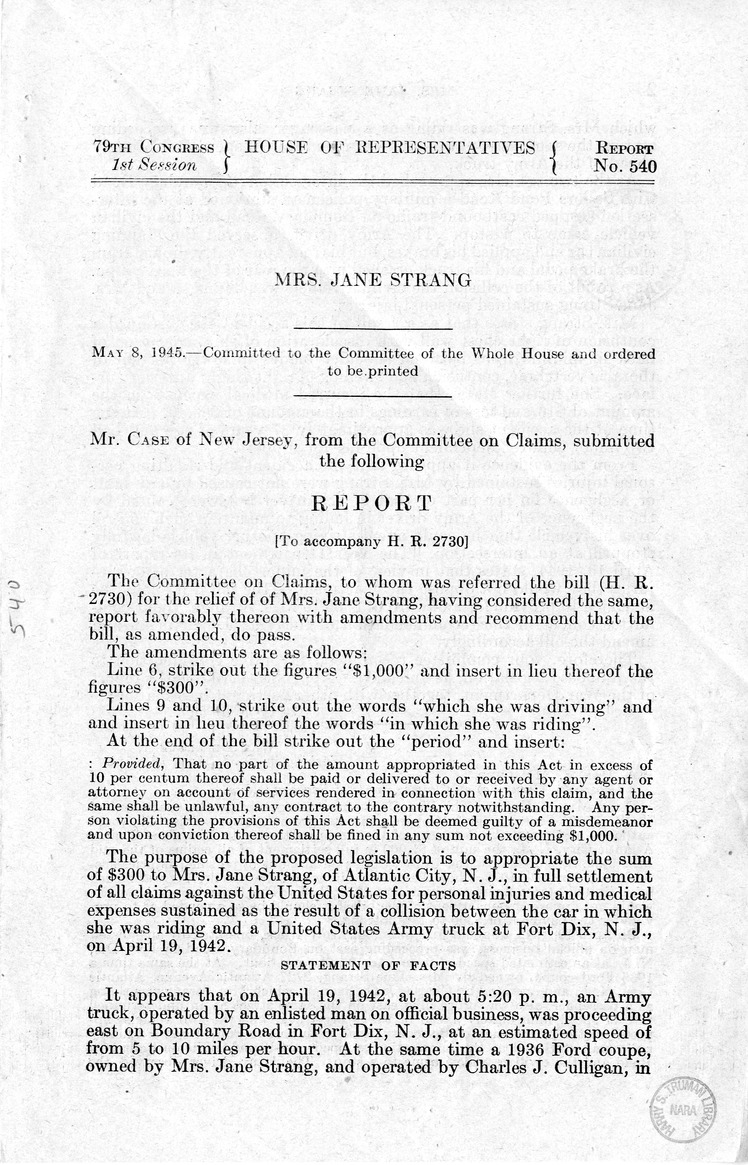 Memorandum from Frederick J. Bailey to M. C. Latta, H.R. 2730, For the Relief of Mrs. Jane Strang, with Attachments
