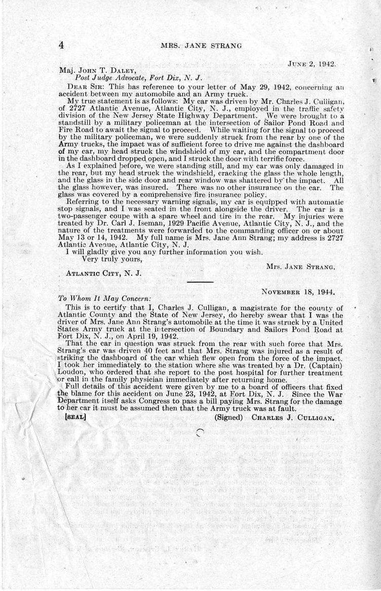 Memorandum from Frederick J. Bailey to M. C. Latta, H.R. 2730, For the Relief of Mrs. Jane Strang, with Attachments