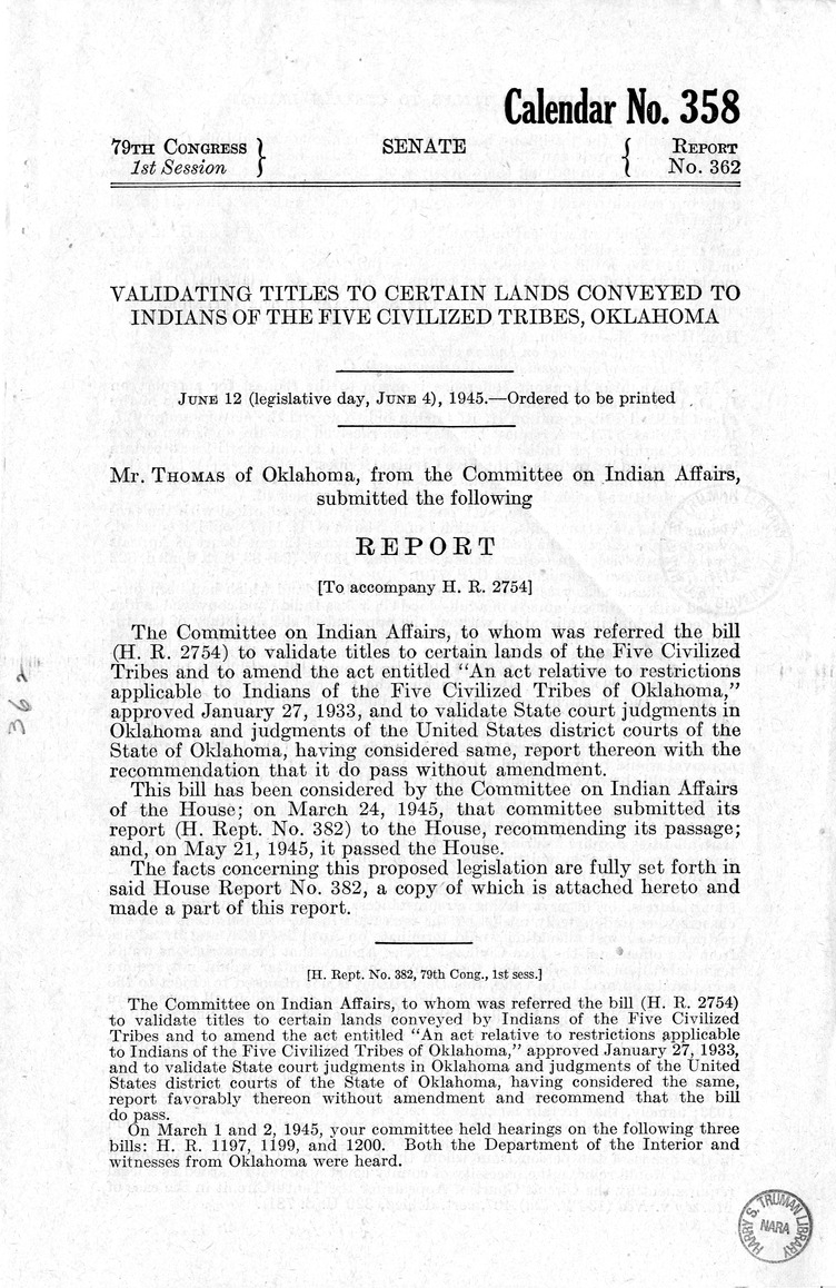 Memorandum from Harold D. Smith to M. C. Latta, H.R. 2754, to Validate Titles to Certain Lands Conveyed by Indians of the Five Civilized Tribes and Other Purposes, with Attachments
