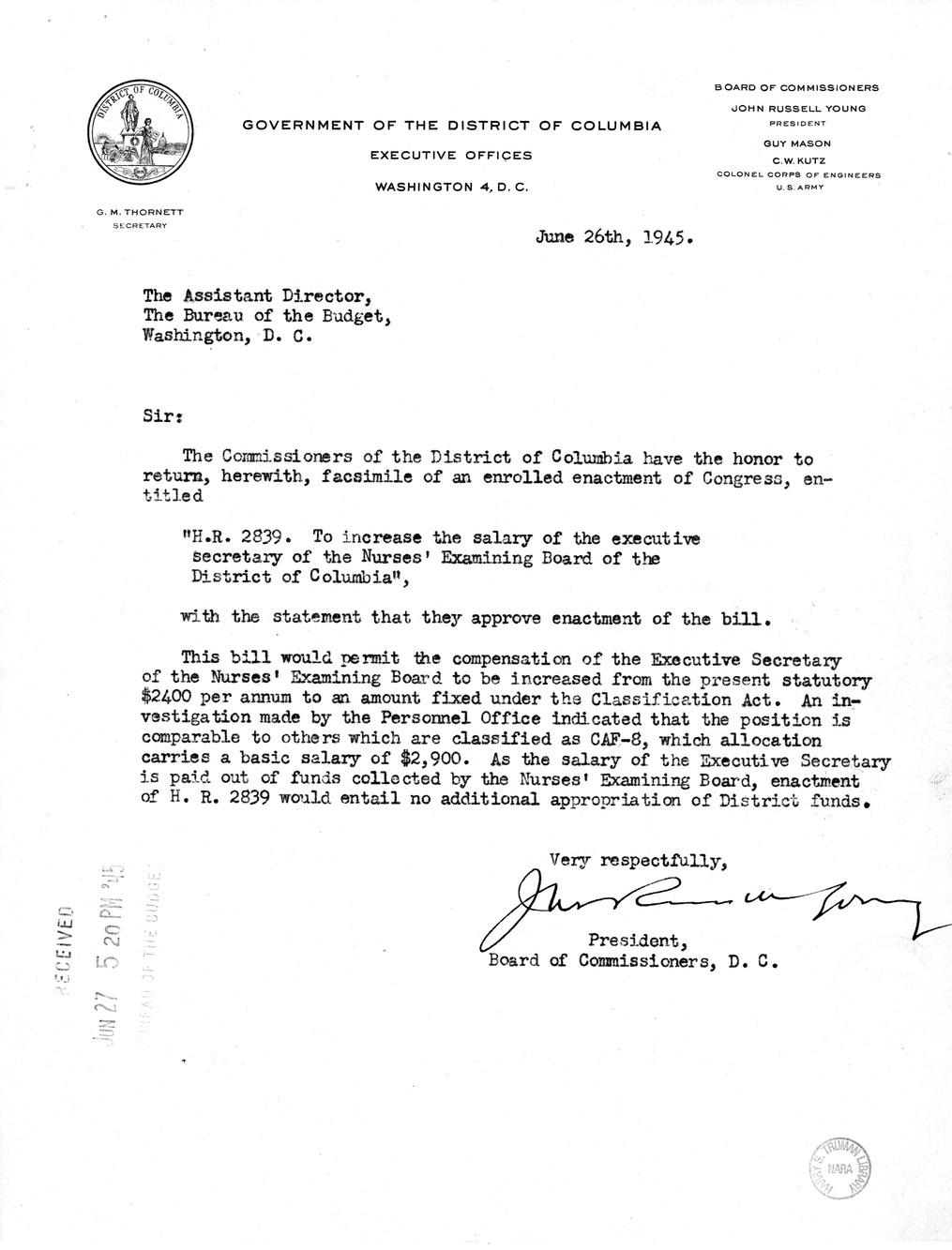 Memorandum from Frederick J. Bailey to M. C. Latta, H.R. 2839, To Increase the Salary of the Executive Secretary of the Nurses' Examining Board of the District of Columbia, with Attachments