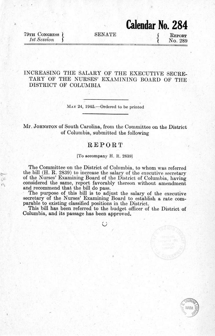 Memorandum from Frederick J. Bailey to M. C. Latta, H.R. 2839, To Increase the Salary of the Executive Secretary of the Nurses' Examining Board of the District of Columbia, with Attachments