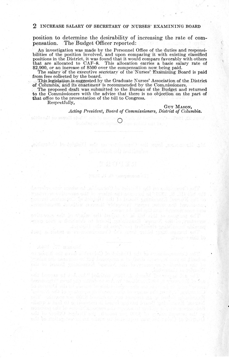 Memorandum from Frederick J. Bailey to M. C. Latta, H.R. 2839, To Increase the Salary of the Executive Secretary of the Nurses' Examining Board of the District of Columbia, with Attachments