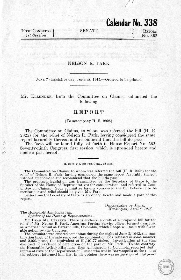 Memorandum from Frederick J. Bailey to M. C. Latta, H.R. 2925, For the Relief of Nelson R. Park, with Attachments