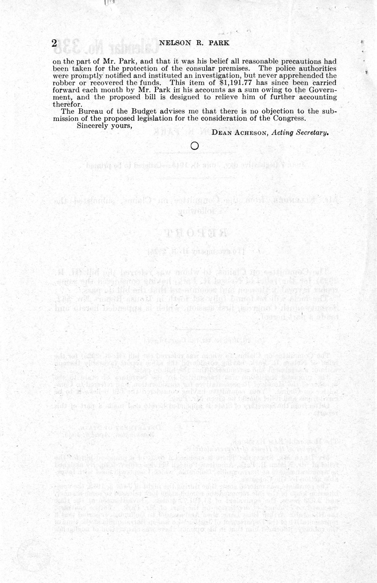 Memorandum from Frederick J. Bailey to M. C. Latta, H.R. 2925, For the Relief of Nelson R. Park, with Attachments