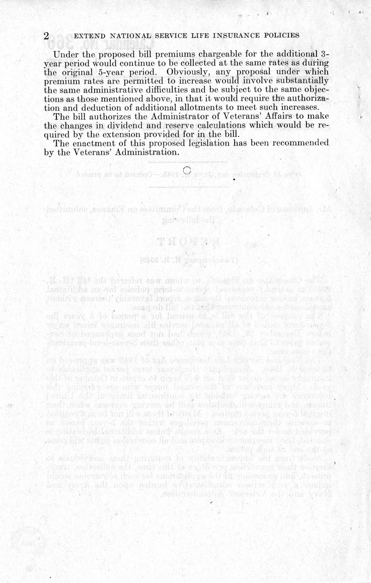 Memorandum from Frederick J. Bailey to M. C. Latta, H.R. 2949, To Extend Five-Year-Level-Premium-Term Policies for an Additional Three Years, with Attachments