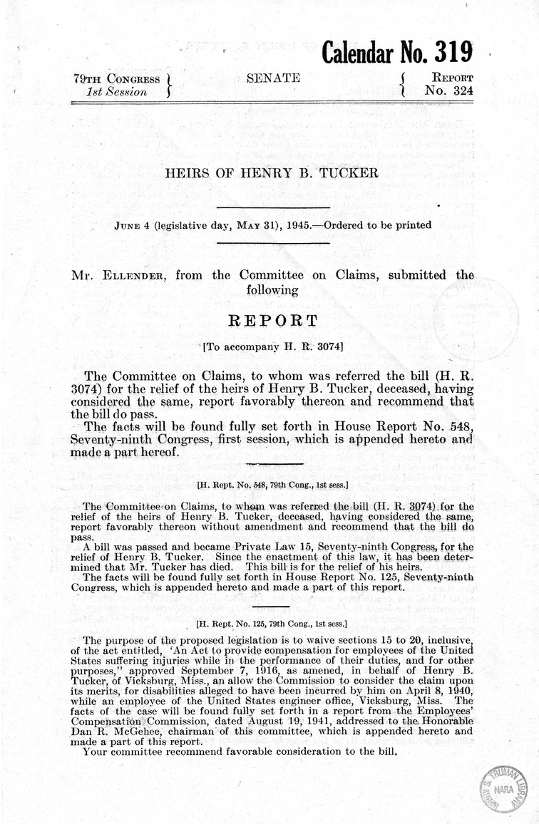 Memorandum from Frederick J. Bailey to M. C. Latta, H.R. 3074, For the Relief of the Heirs of Henry B. Tucker, Deceased, with Attachments