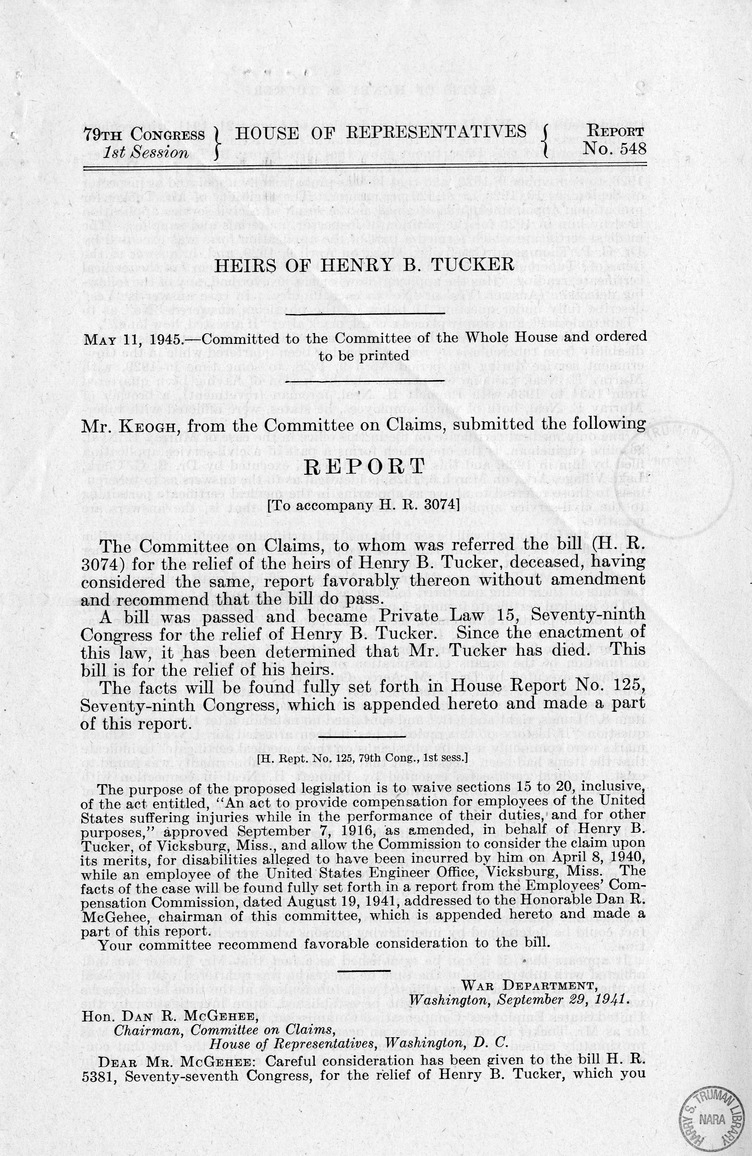 Memorandum from Frederick J. Bailey to M. C. Latta, H.R. 3074, For the Relief of the Heirs of Henry B. Tucker, Deceased, with Attachments