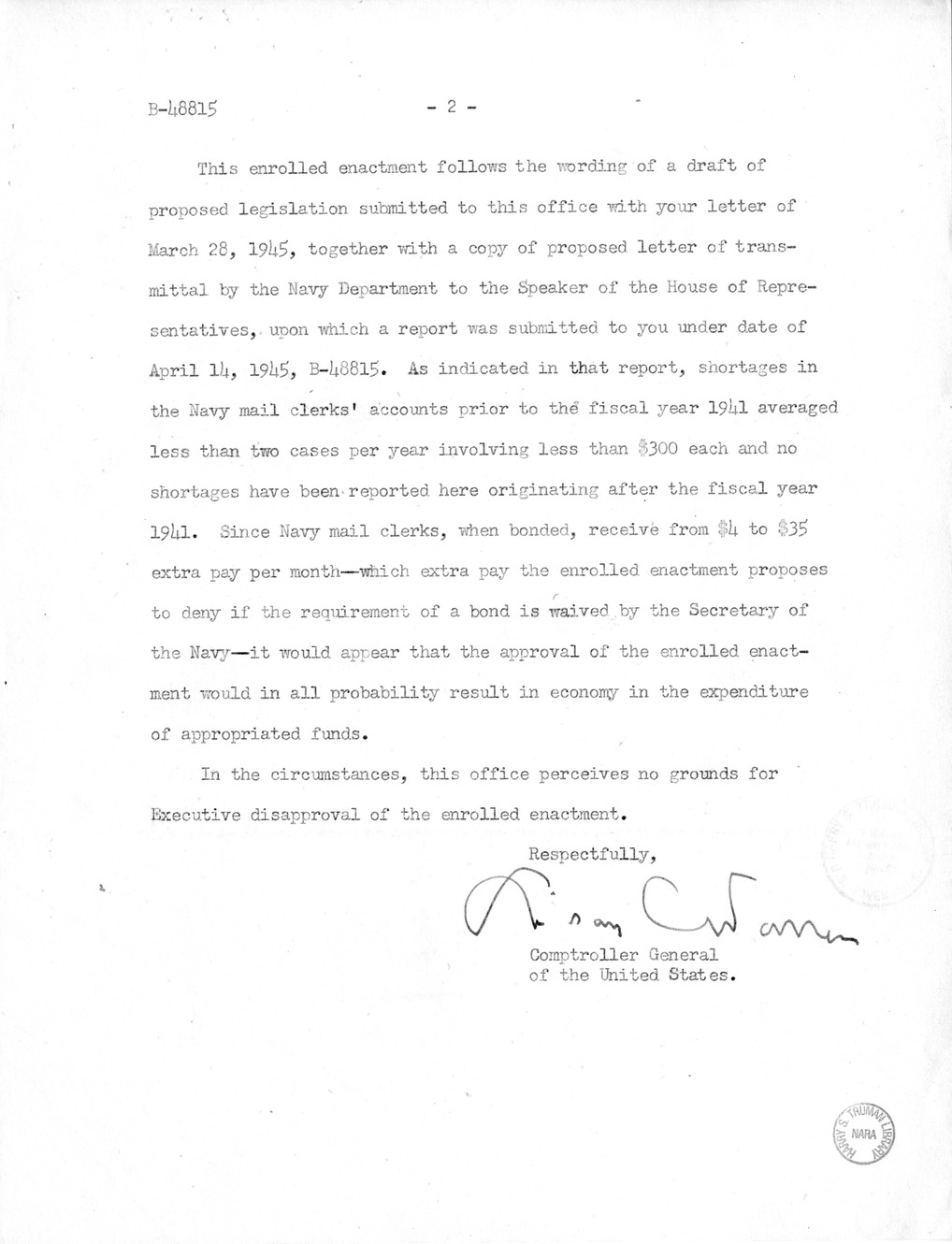 Memorandum from Harold D. Smith to M. C. Latta, H.R. 3193, To Permit Waiving of the Bonds of Navy Mail Clerks and Assistant Navy Mail Clerks, and for Other Purposes, with Attachments