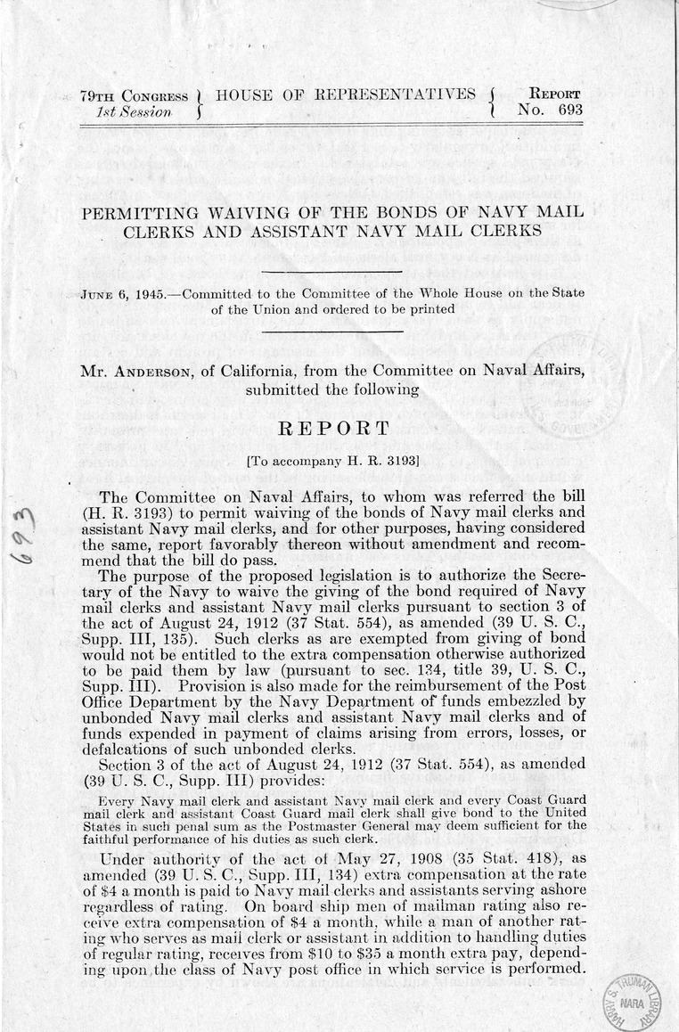 Memorandum from Harold D. Smith to M. C. Latta, H.R. 3193, To Permit Waiving of the Bonds of Navy Mail Clerks and Assistant Navy Mail Clerks, and for Other Purposes, with Attachments