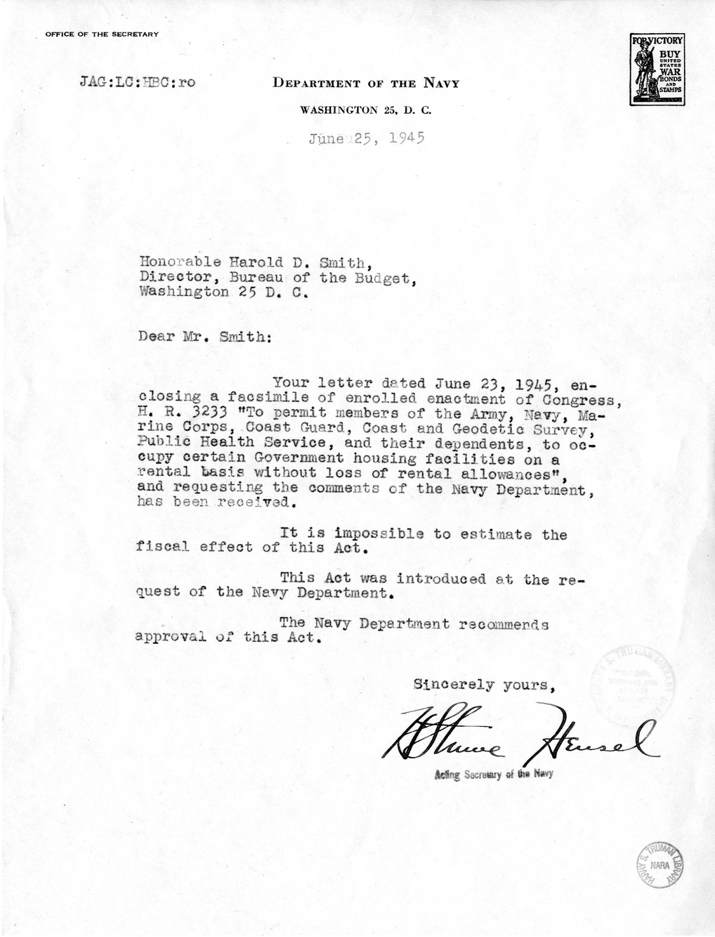 Memorandum from Harold D. Smith to M. C. Latta, H.R. 3233, To Permit Members of the Army, Navy, Marine Corps, Coast Guard, Coast and Geodetic Survey, Public Health Service, and Their Dependents, to Occupy Certain Government Housing Facilities on a Rental 