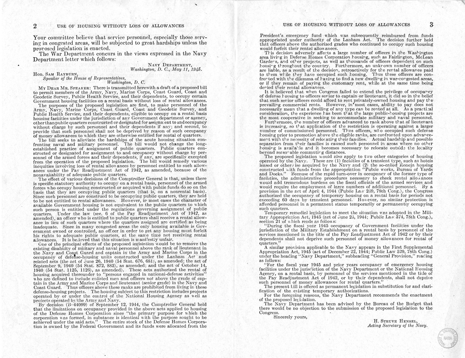 Memorandum from Harold D. Smith to M. C. Latta, H.R. 3233, To Permit Members of the Army, Navy, Marine Corps, Coast Guard, Coast and Geodetic Survey, Public Health Service, and Their Dependents, to Occupy Certain Government Housing Facilities on a Rental 