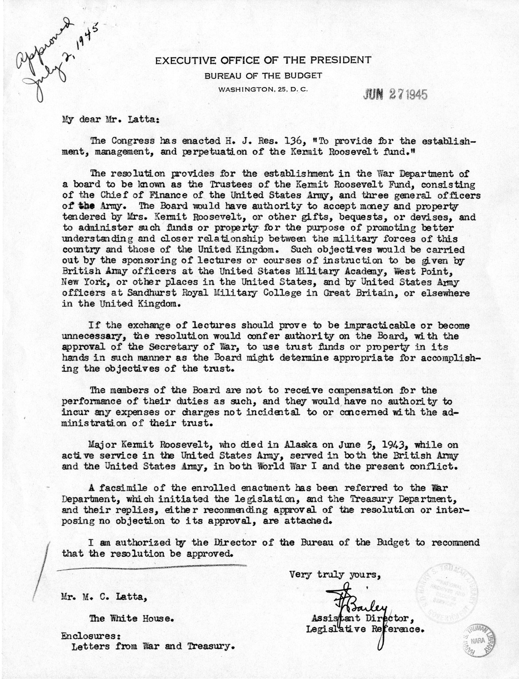 Memorandum from Frederick J. Bailey to M. C. Latta, H.J. Res. 136, To Provide for the Establishment, Management and Perpetuation of the Kermit Roosevelt Fund, with Attachments