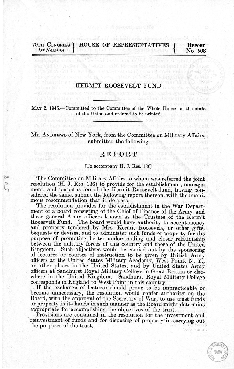 Memorandum from Frederick J. Bailey to M. C. Latta, H.J. Res. 136, To Provide for the Establishment, Management and Perpetuation of the Kermit Roosevelt Fund, with Attachments