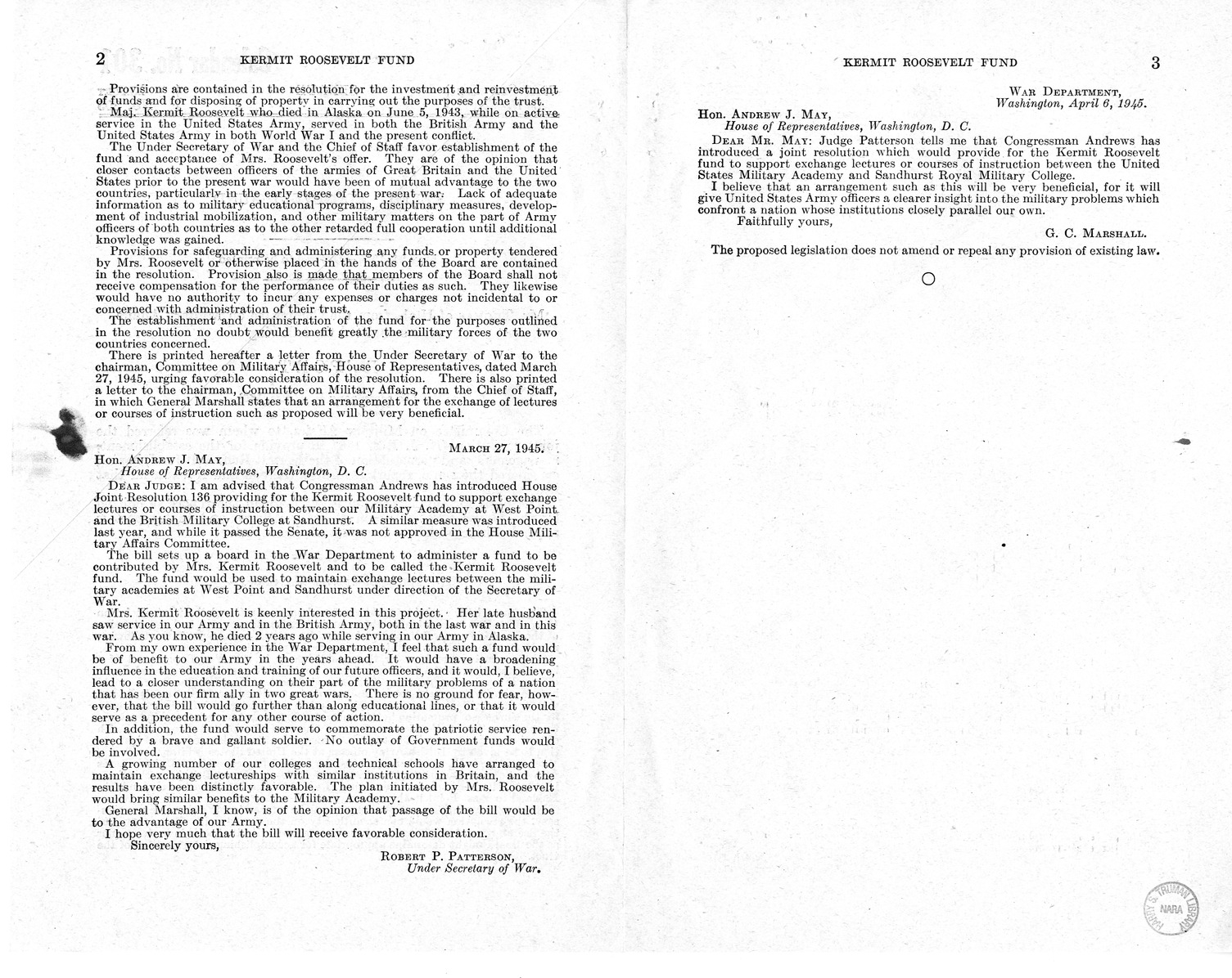 Memorandum from Frederick J. Bailey to M. C. Latta, H.J. Res. 136, To Provide for the Establishment, Management and Perpetuation of the Kermit Roosevelt Fund, with Attachments