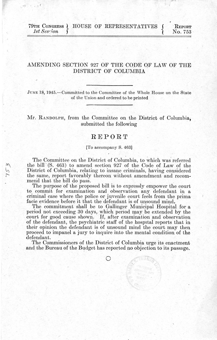 Memorandum from Frederick J. Bailey to M. C. Latta, S. 463, To Amend Section 927 of the Code of Law of the District of Columbia, Relating to Insane Criminals, with Attachments