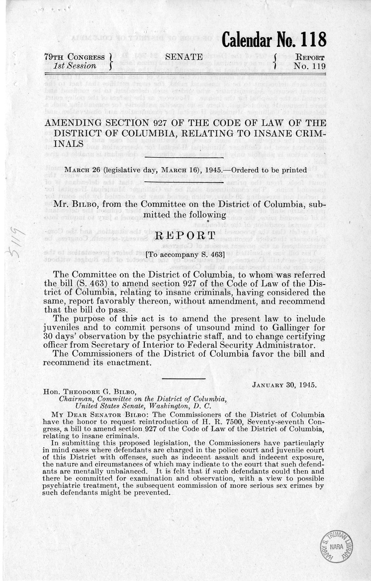 Memorandum from Frederick J. Bailey to M. C. Latta, S. 463, To Amend Section 927 of the Code of Law of the District of Columbia, Relating to Insane Criminals, with Attachments