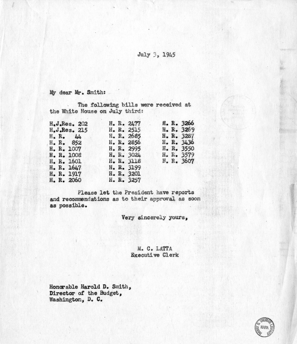 Memorandum from M. C. Latta to Harold D. Smith