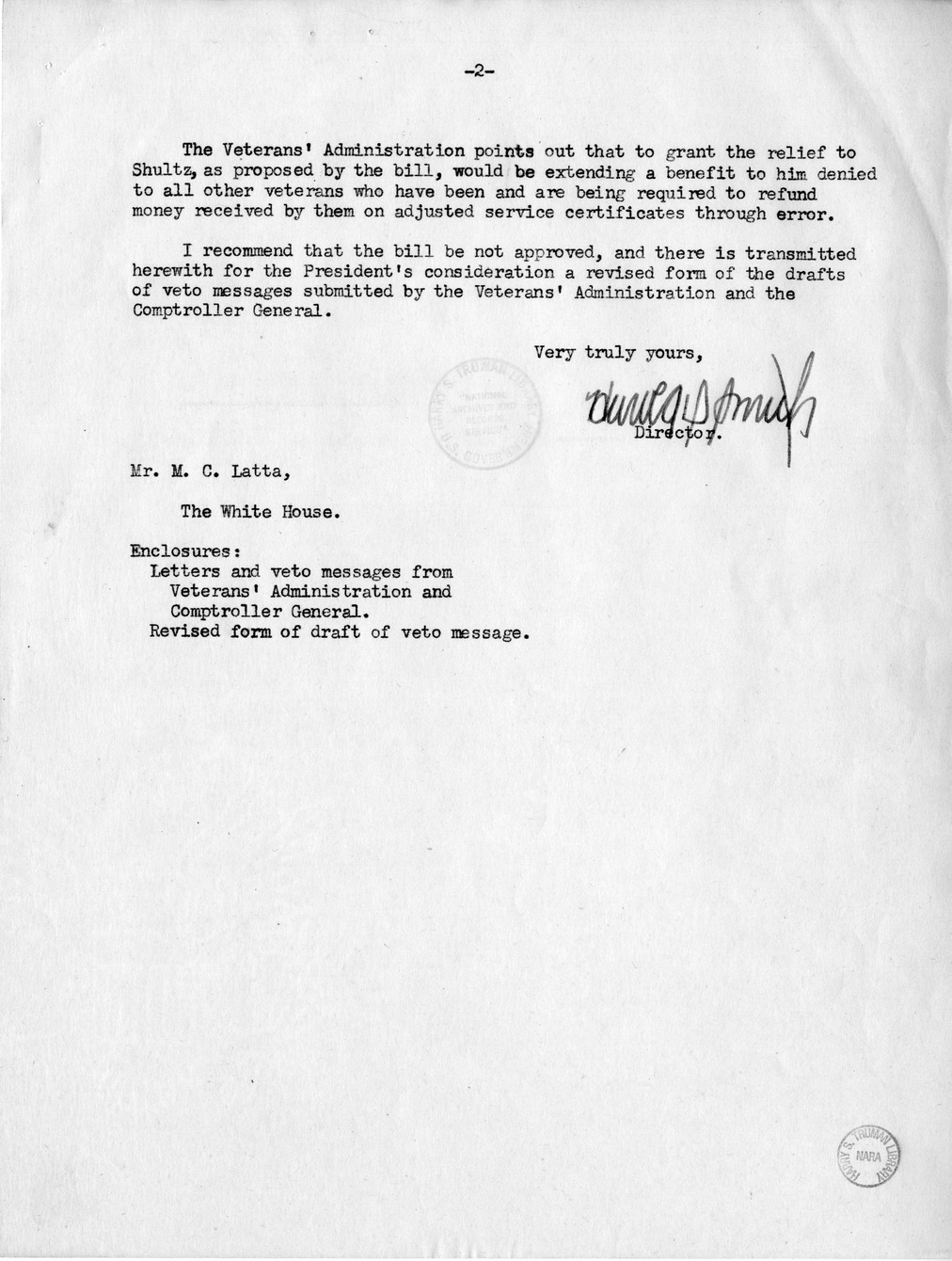 Memorandum from Harold D. Smith to M. C. Latta, H.R. 912, For the Relief of William H. Shultz, with Attachments