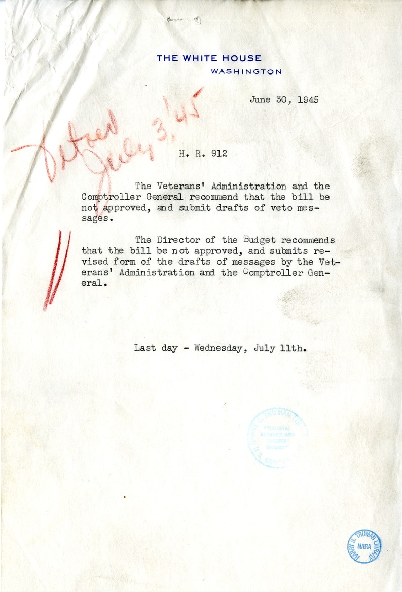 Memorandum from Harold D. Smith to M. C. Latta, H.R. 912, For the Relief of William H. Shultz, with Attachments