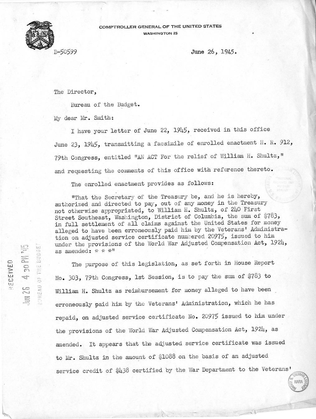 Memorandum from Harold D. Smith to M. C. Latta, H.R. 912, For the Relief of William H. Shultz, with Attachments