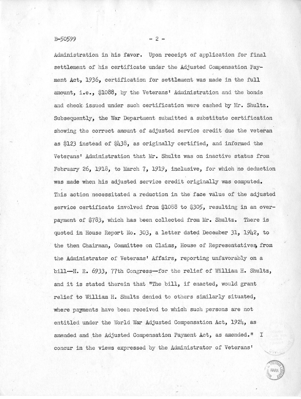 Memorandum from Harold D. Smith to M. C. Latta, H.R. 912, For the Relief of William H. Shultz, with Attachments