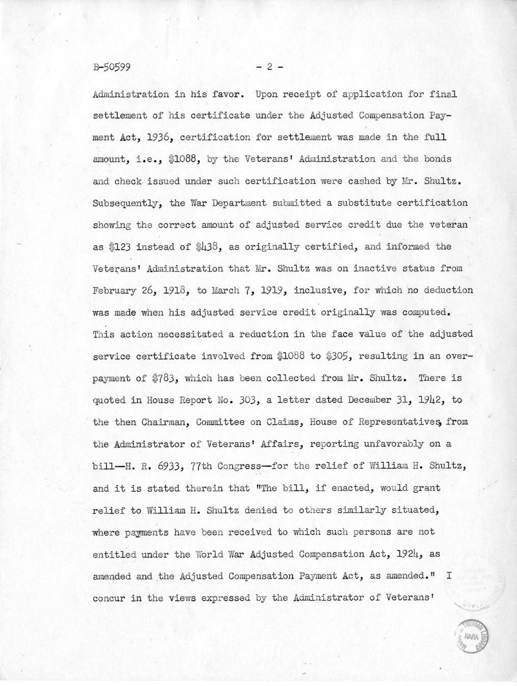 Memorandum from Harold D. Smith to M. C. Latta, H.R. 912, For the Relief of William H. Shultz, with Attachments