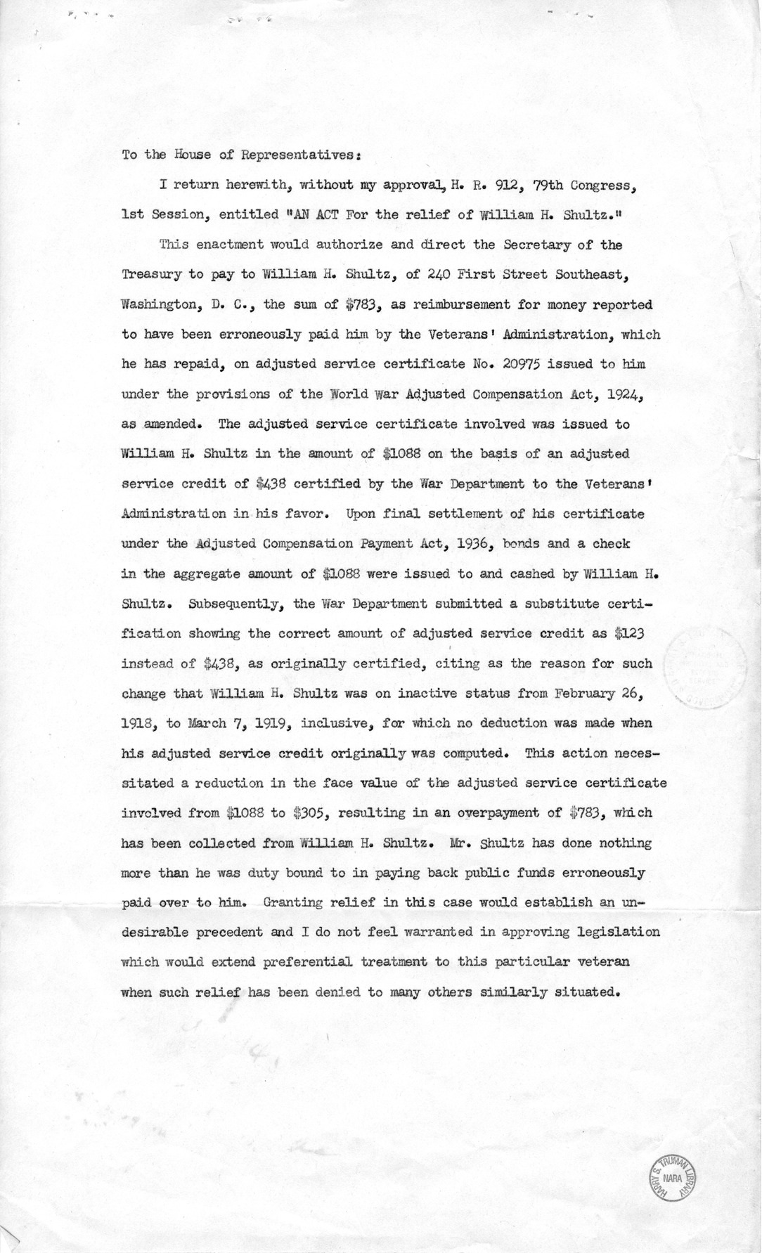 Memorandum from Harold D. Smith to M. C. Latta, H.R. 912, For the Relief of William H. Shultz, with Attachments