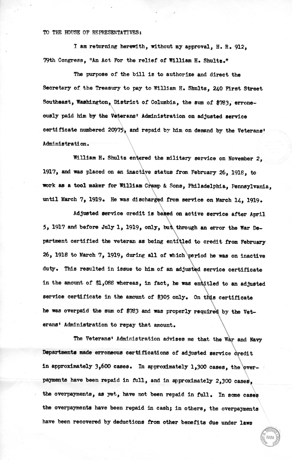 Memorandum from Harold D. Smith to M. C. Latta, H.R. 912, For the Relief of William H. Shultz, with Attachments