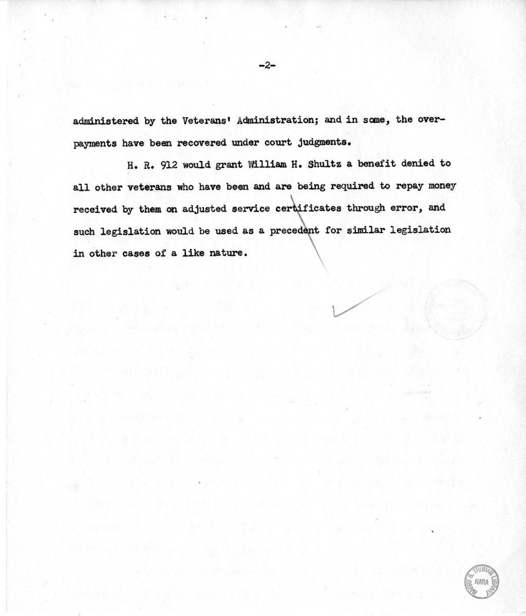 Memorandum from Harold D. Smith to M. C. Latta, H.R. 912, For the Relief of William H. Shultz, with Attachments