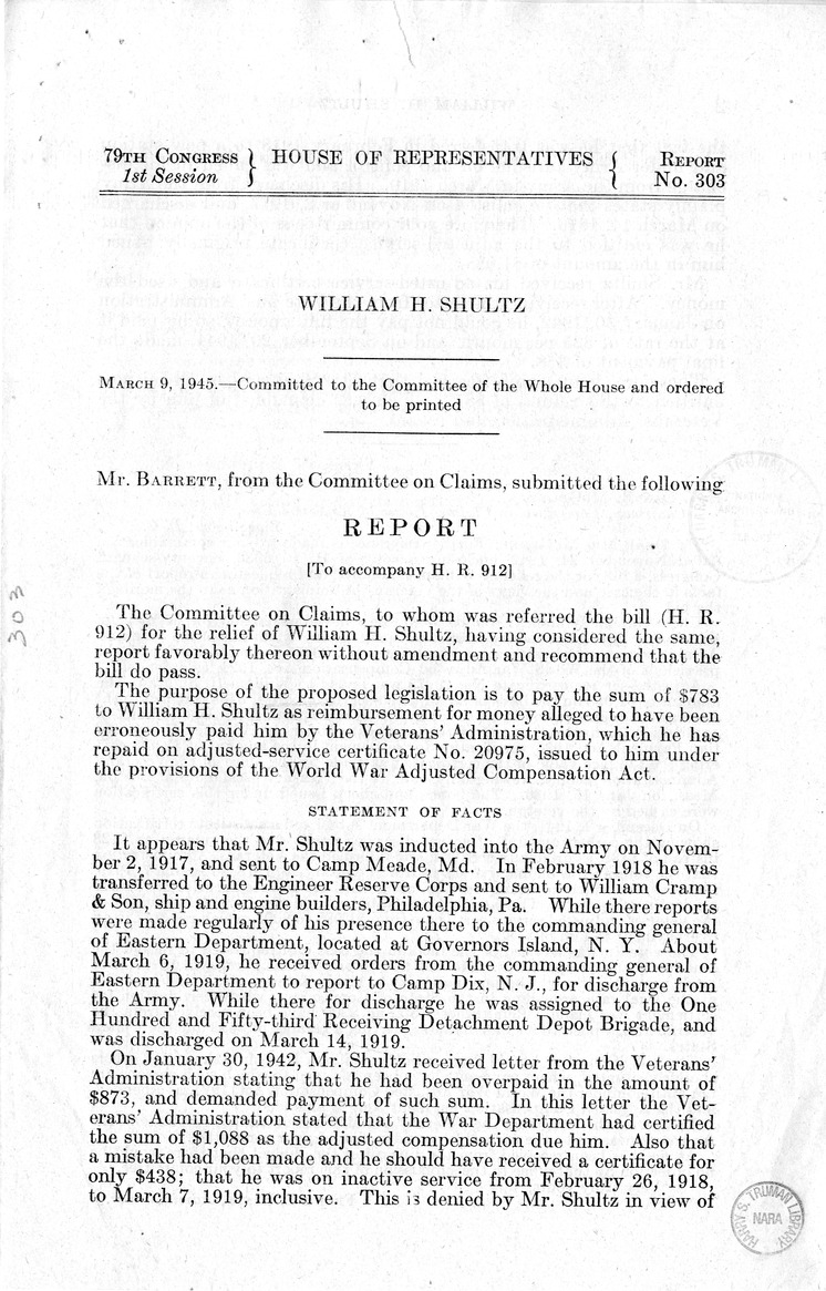 Memorandum from Harold D. Smith to M. C. Latta, H.R. 912, For the Relief of William H. Shultz, with Attachments