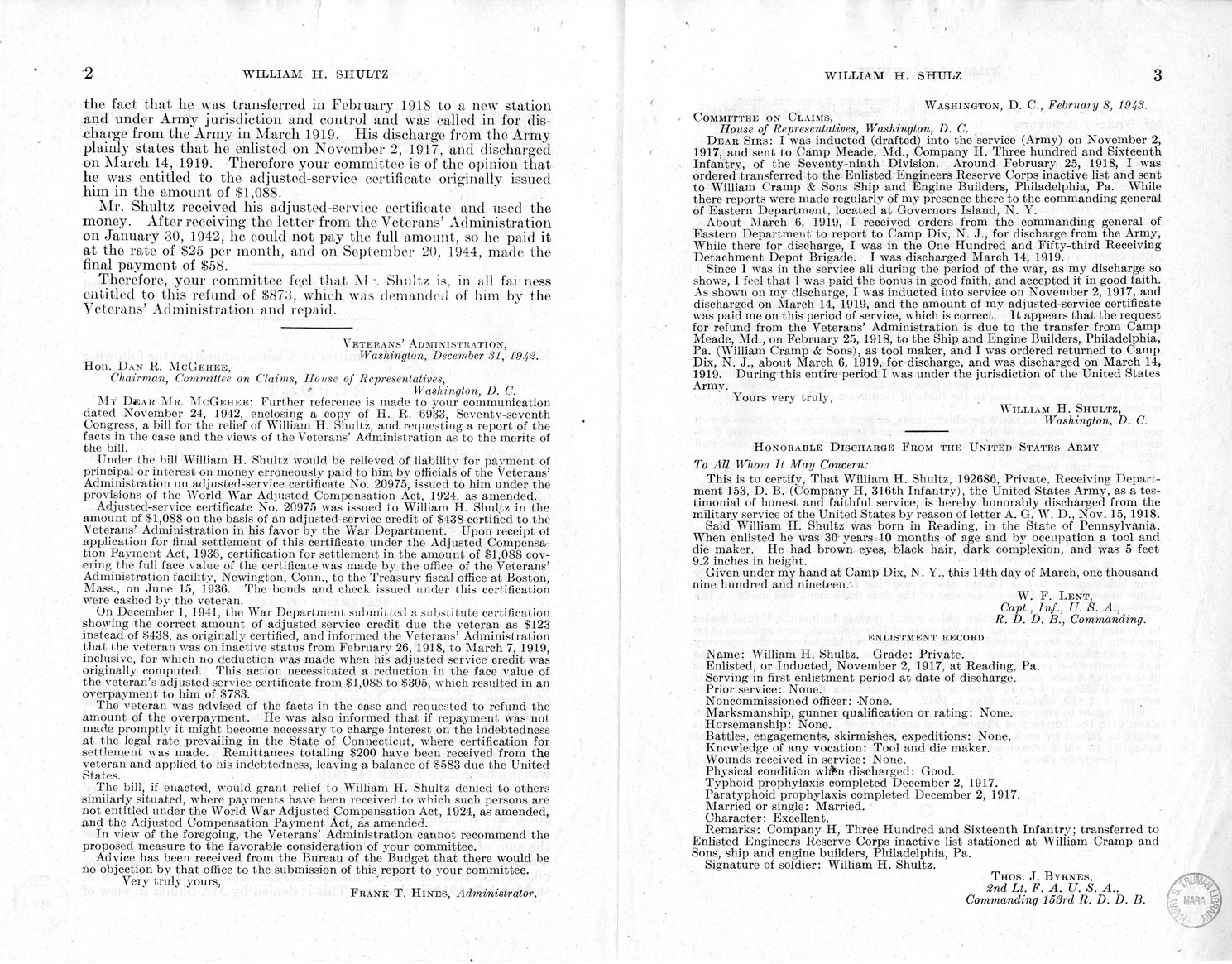 Memorandum from Harold D. Smith to M. C. Latta, H.R. 912, For the Relief of William H. Shultz, with Attachments