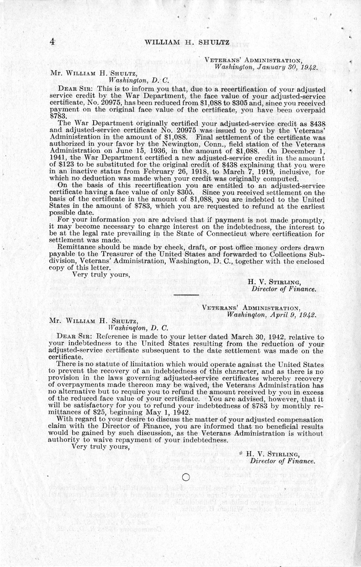 Memorandum from Harold D. Smith to M. C. Latta, H.R. 912, For the Relief of William H. Shultz, with Attachments