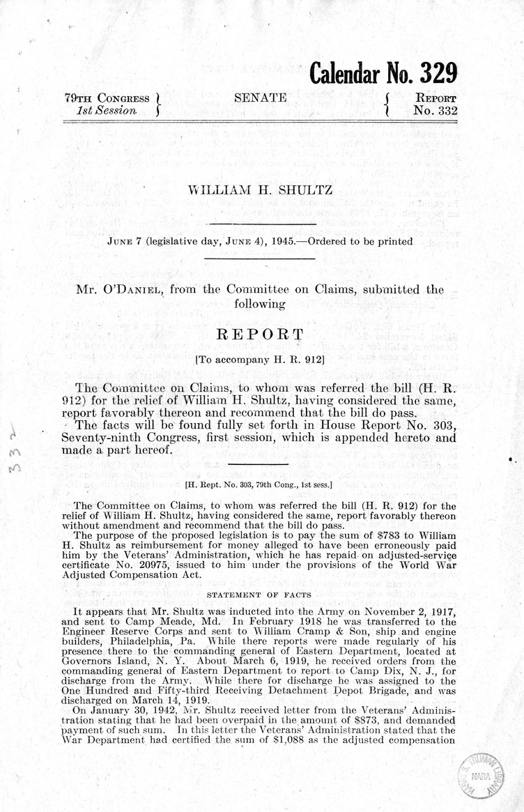 Memorandum from Harold D. Smith to M. C. Latta, H.R. 912, For the Relief of William H. Shultz, with Attachments