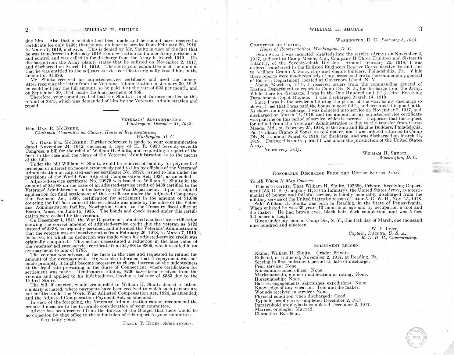 Memorandum from Harold D. Smith to M. C. Latta, H.R. 912, For the Relief of William H. Shultz, with Attachments