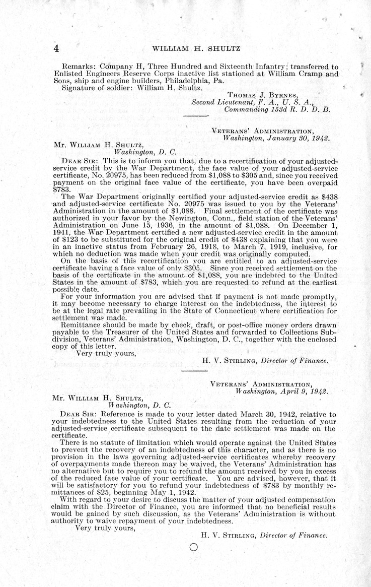 Memorandum from Harold D. Smith to M. C. Latta, H.R. 912, For the Relief of William H. Shultz, with Attachments