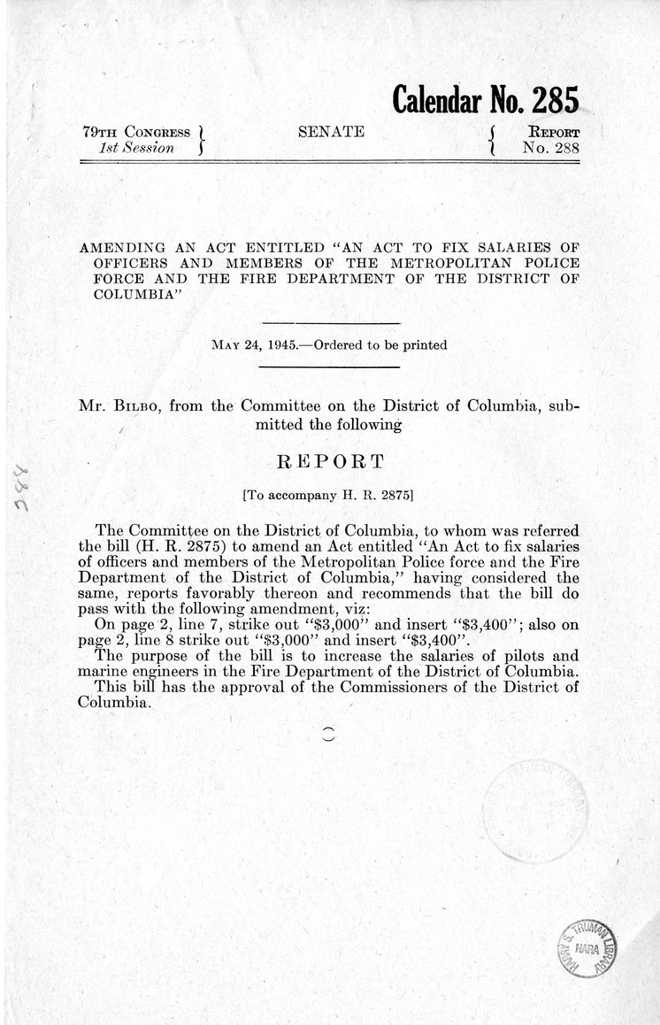 Memorandum from Harold D. Smith to M. C. Latta, H.R. 2875, To Amend An Act to Fix the Salaries of Officers and Members of the Metropolitan Police Force and the Fire Department of the District of Columbia, with Attachments