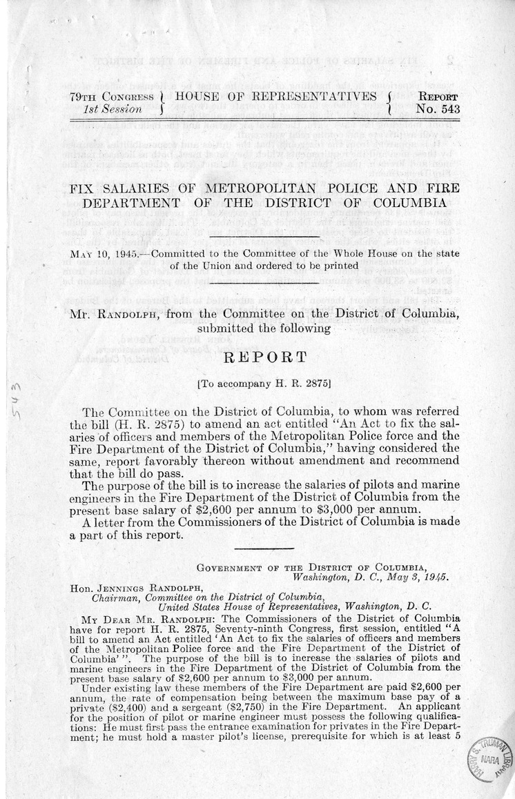 Memorandum from Harold D. Smith to M. C. Latta, H.R. 2875, To Amend An Act to Fix the Salaries of Officers and Members of the Metropolitan Police Force and the Fire Department of the District of Columbia, with Attachments