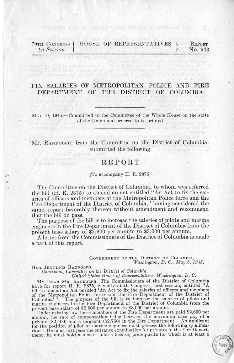 Memorandum from Harold D. Smith to M. C. Latta, H.R. 2875, To Amend An Act to Fix the Salaries of Officers and Members of the Metropolitan Police Force and the Fire Department of the District of Columbia, with Attachments