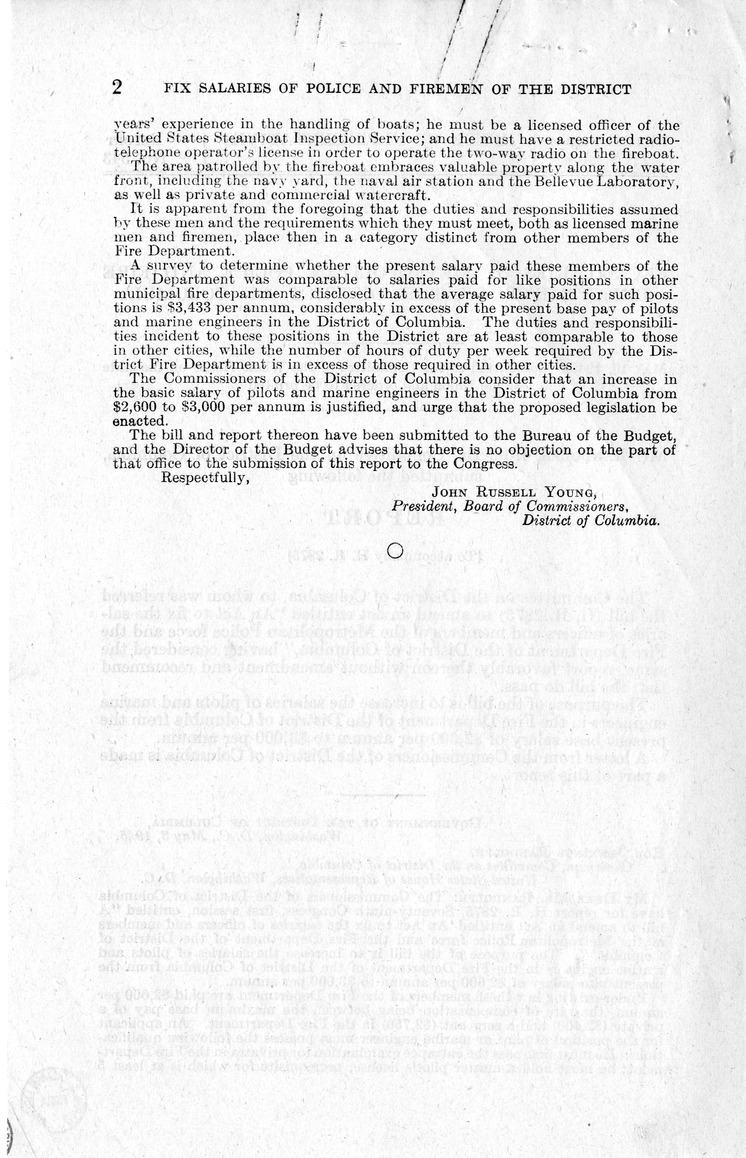 Memorandum from Harold D. Smith to M. C. Latta, H.R. 2875, To Amend An Act to Fix the Salaries of Officers and Members of the Metropolitan Police Force and the Fire Department of the District of Columbia, with Attachments