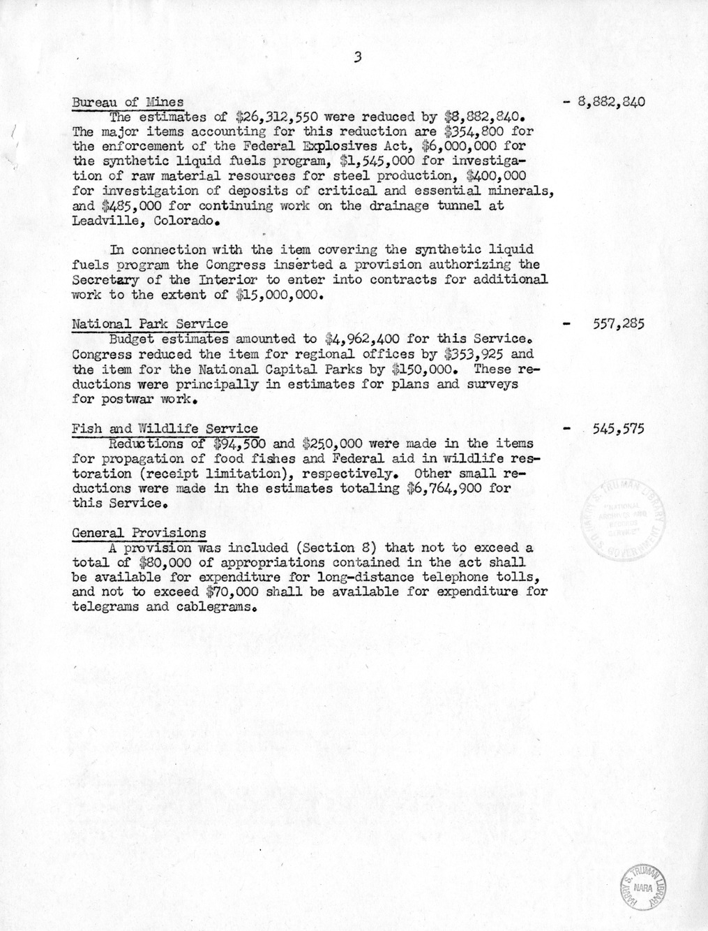 Memorandum from Harold D. Smith to M. C. Latta, H.R. 3024, Making Appropriations for the Department of the Interior for the Fiscal Year Ending June 30, 1946, with Attachments