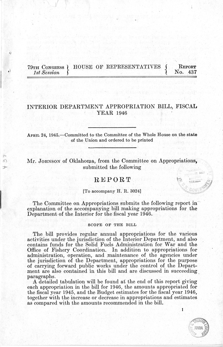 Memorandum from Harold D. Smith to M. C. Latta, H.R. 3024, Making Appropriations for the Department of the Interior for the Fiscal Year Ending June 30, 1946, with Attachments